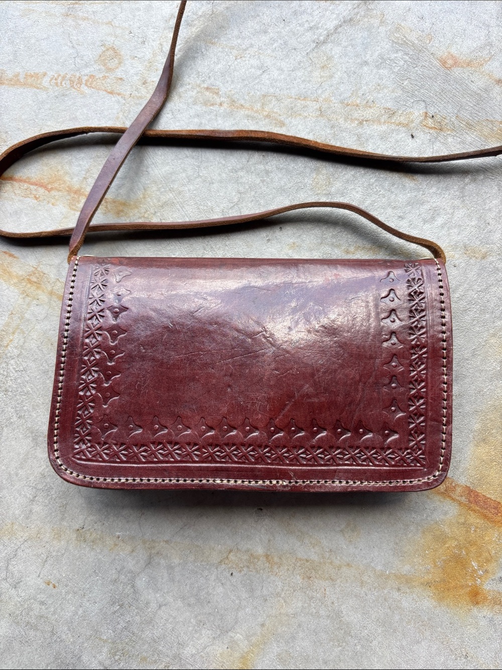 Vintage Tooled Leather Crossbody Envelope Purse Brown Boho Western Festival Bag - Picture 4 of 10